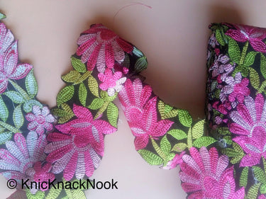 Black Velvet Fabric Trim With Pink / Blue And Green Floral Embroidery, 76mm wide - 200317L268 / 69